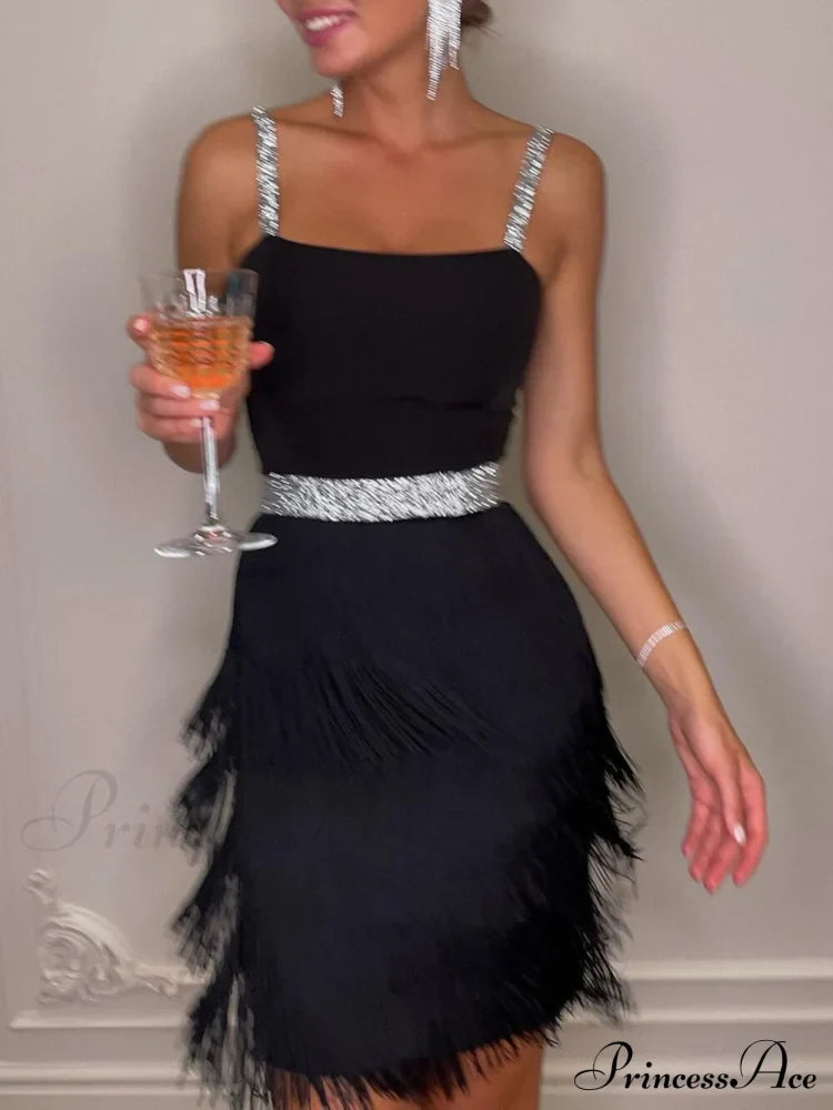 Date And Dinner Socialite Graceful Style Suspender Fringe Mini Dress image 2