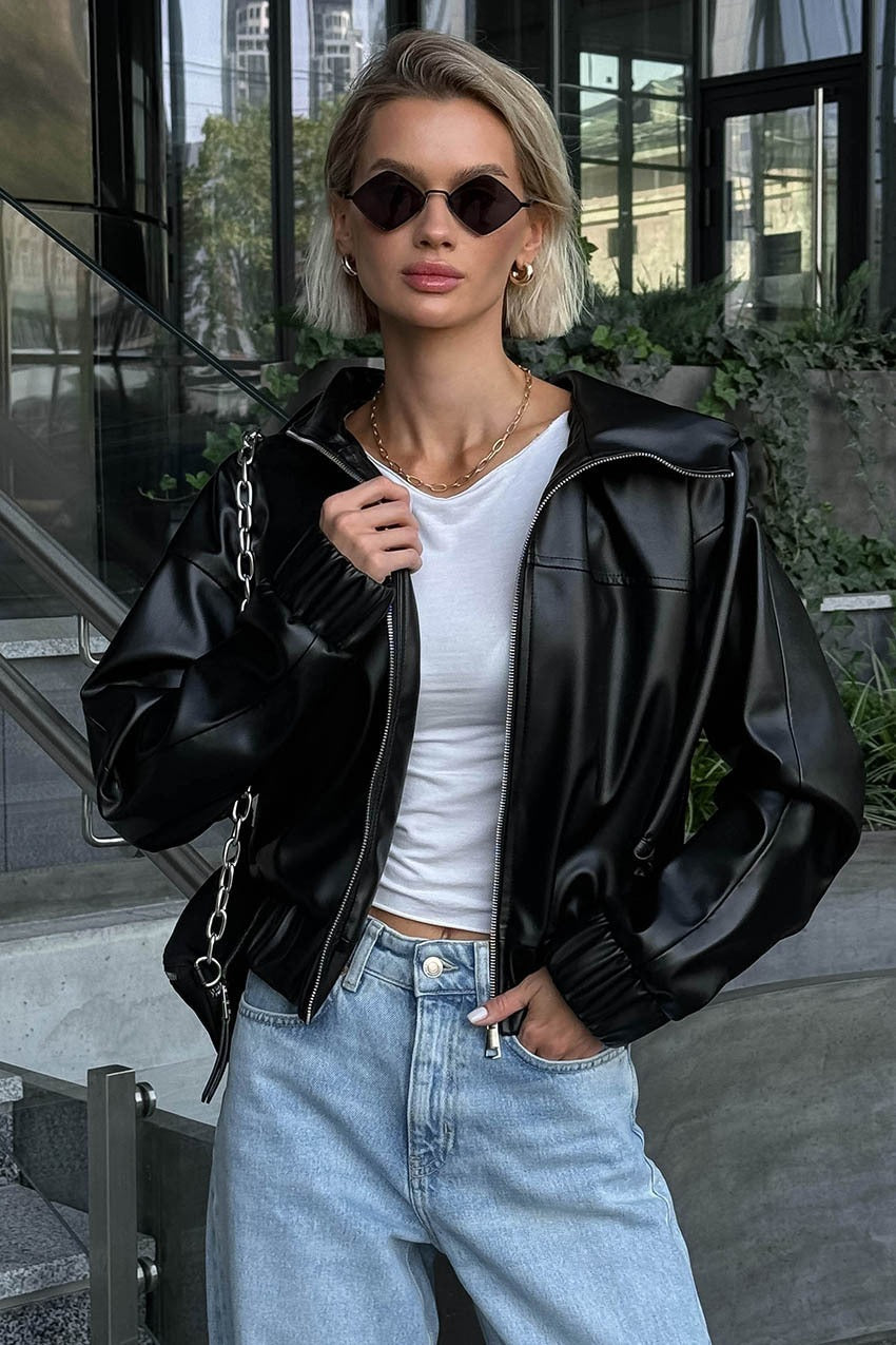 Black Faux Leather Hooded Loose Streetwear Jacket image 13