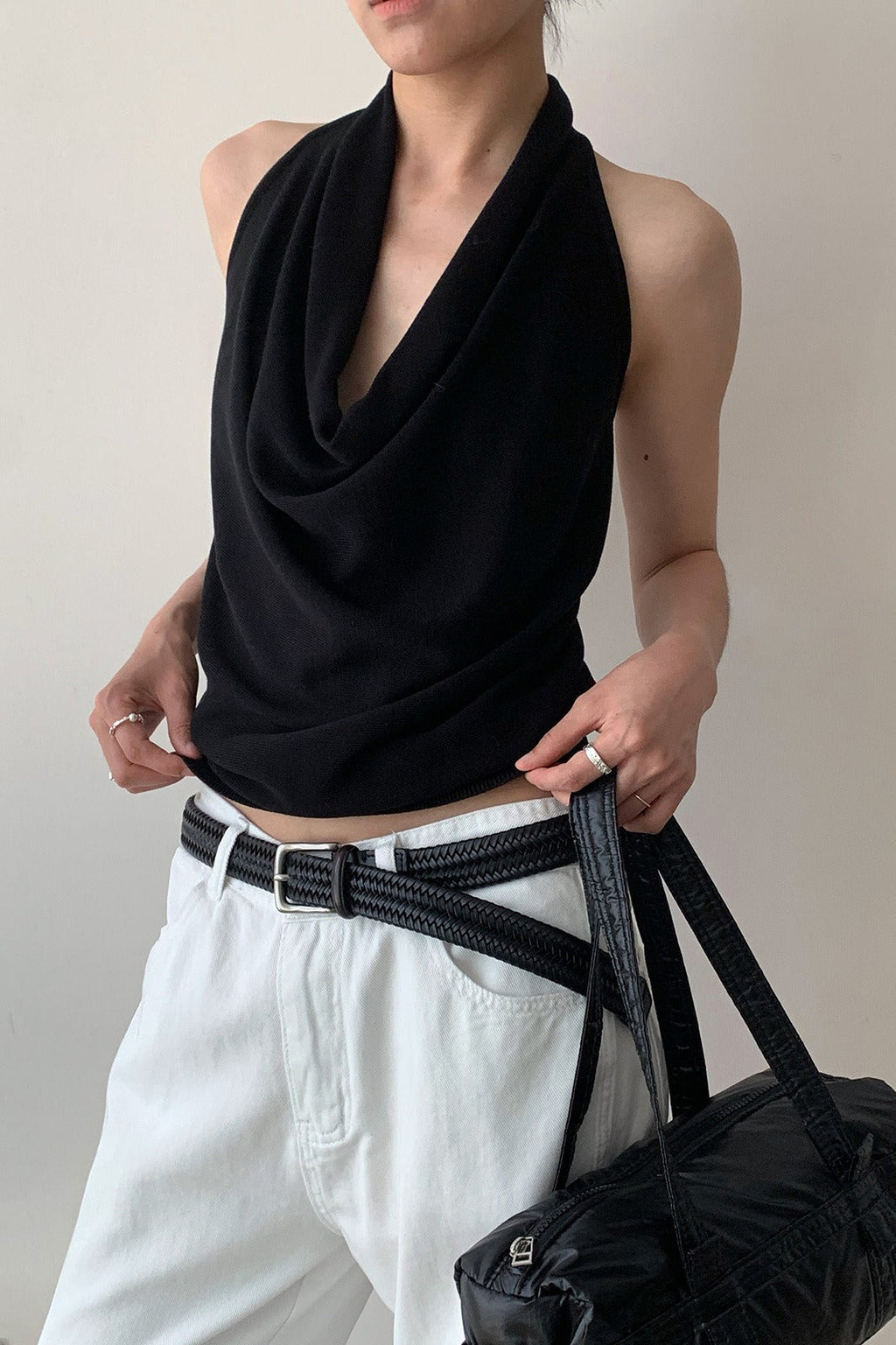Elegant Solid Draped Neck Halter Top image 1