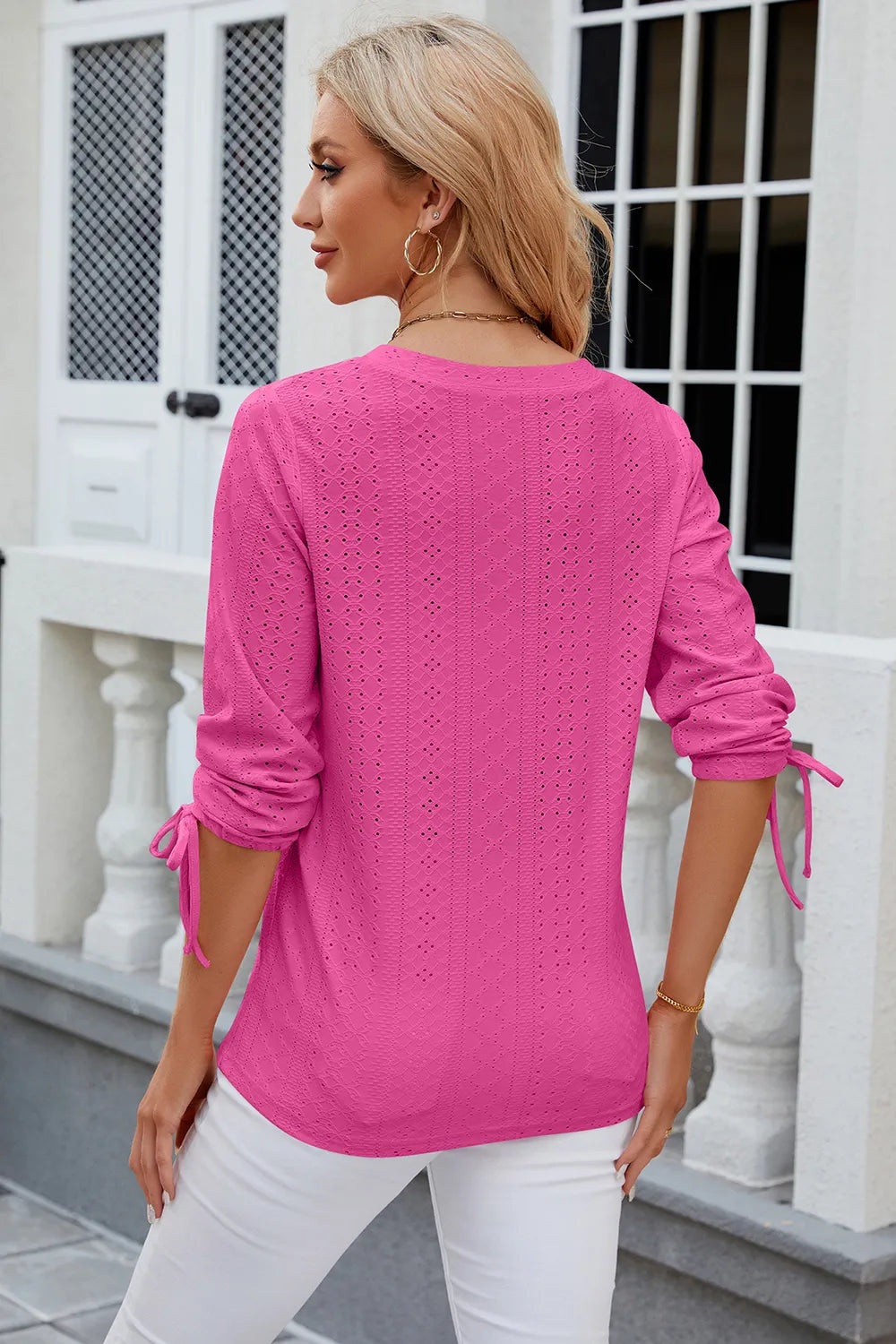 Petra Eyelet Top detail view styled for Avrienne