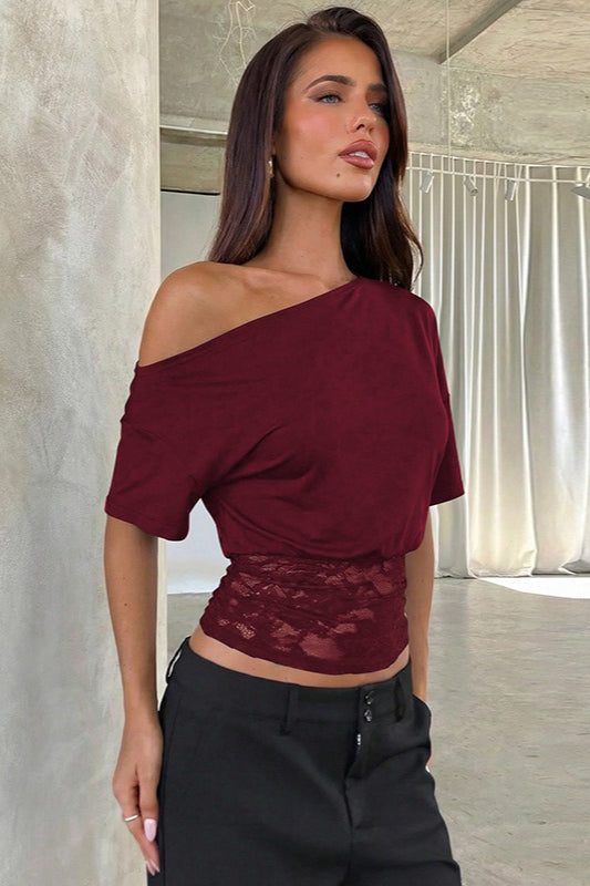Asymmetric Off Shoulder Lace Waist Slim Crop T-shirt image 8