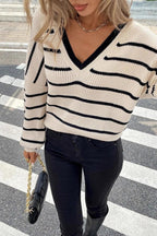 Chic Striped V Neck Back Bow Long Sleeve Knit Sweater image 3