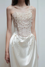 Strapless Satin Heavy Pearl Prom Dress image 3