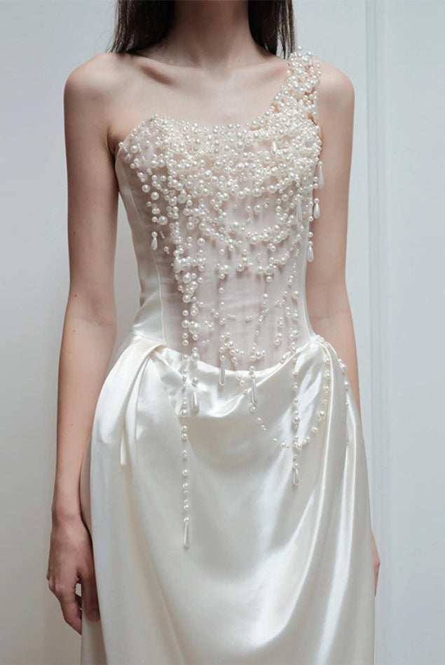 Strapless Satin Heavy Pearl Prom Dress image 3