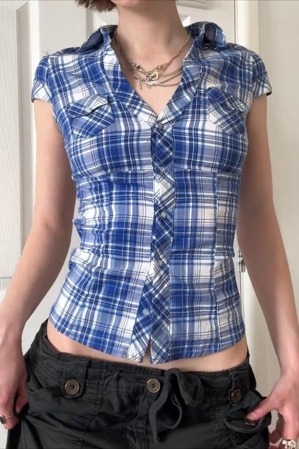 British Plaid Ruffled V Neck Puff Sleeve Blouse image 1