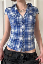 British Plaid Ruffled V Neck Puff Sleeve Blouse image 1