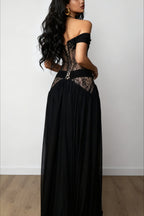 Draped Off Shoulder Lace Slit Maxi Dress image 5