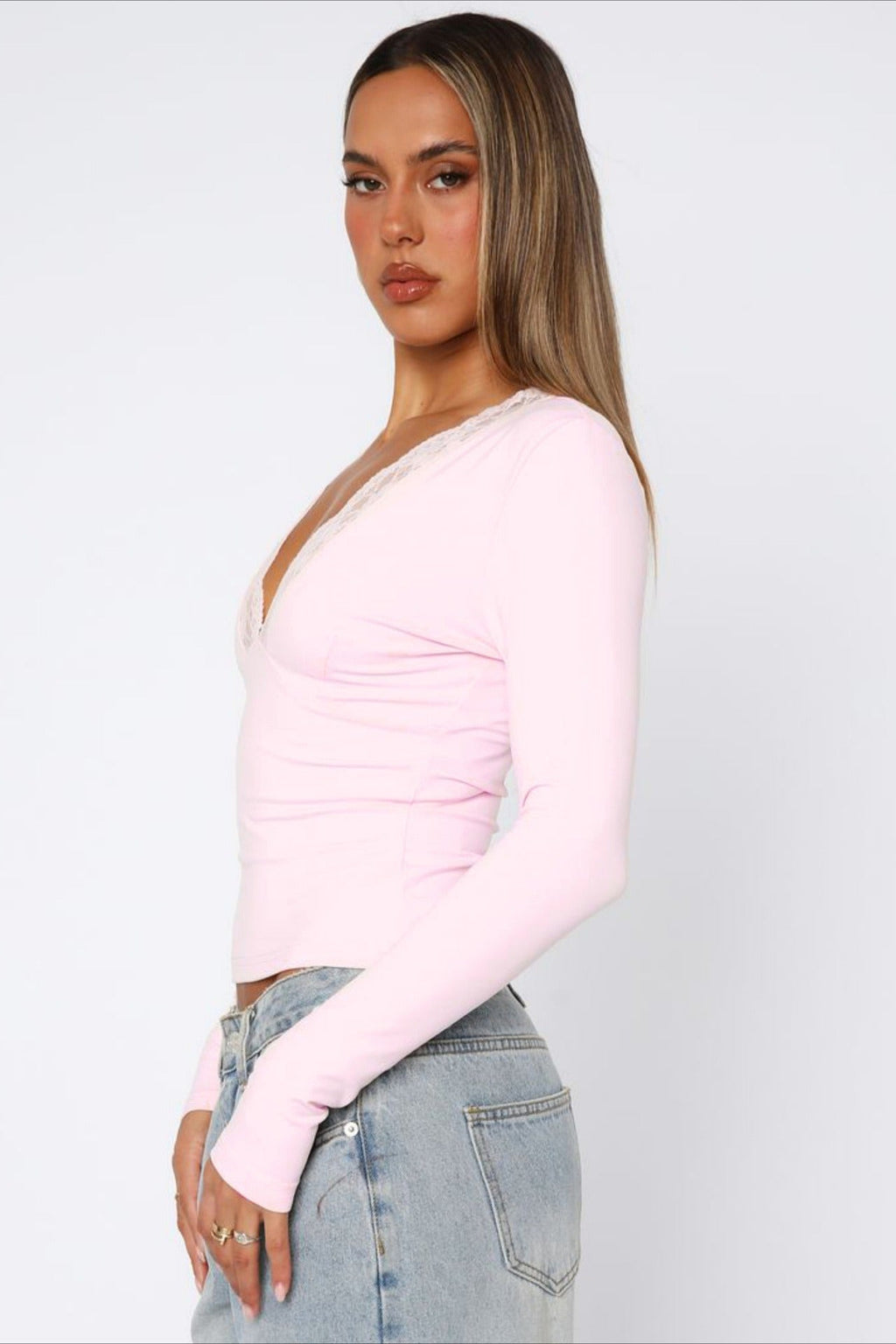 Chic Solid V Neck Lace Slim Blouse image 3