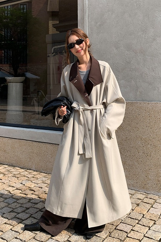 THE MIND British Style Contrast-Collar Long Overcoat image 1