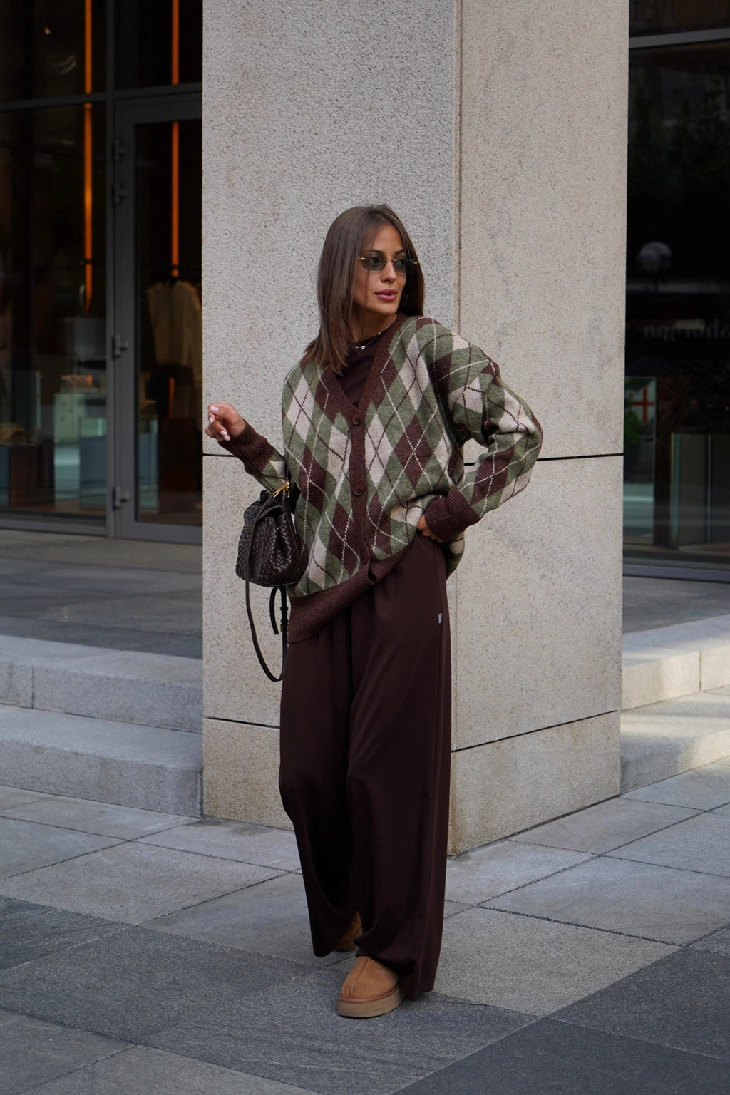 Thick Plaid V Neck Loose Long Sleeve Knit Cardigan image 2