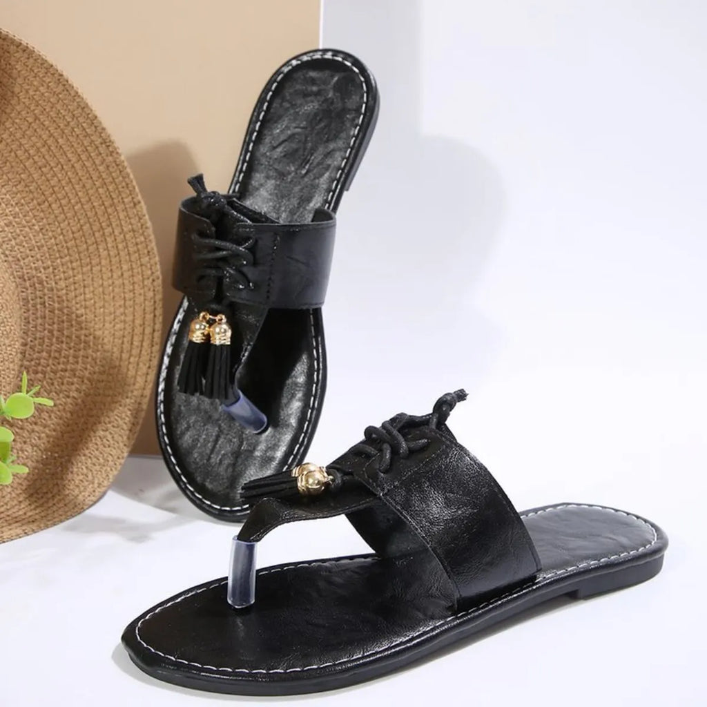 Elodie Toe-Loop Sandals detail view styled for Avrienne