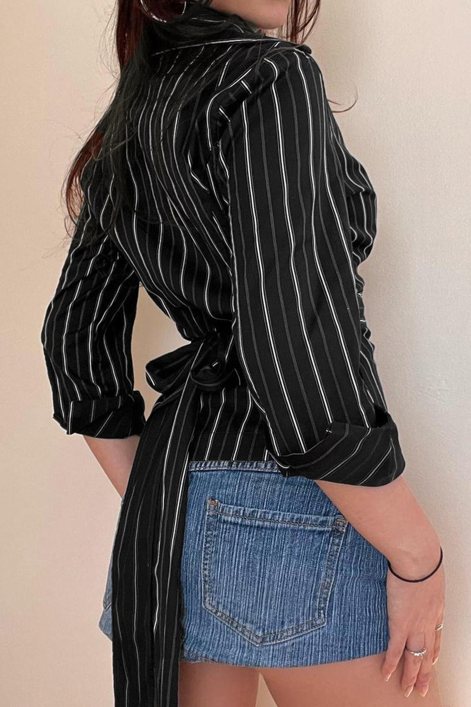 Woven Striped Collared Tie Waist Long Sleeve Blouse image 3
