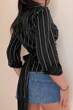 Woven Striped Collared Tie Waist Long Sleeve Blouse image 3