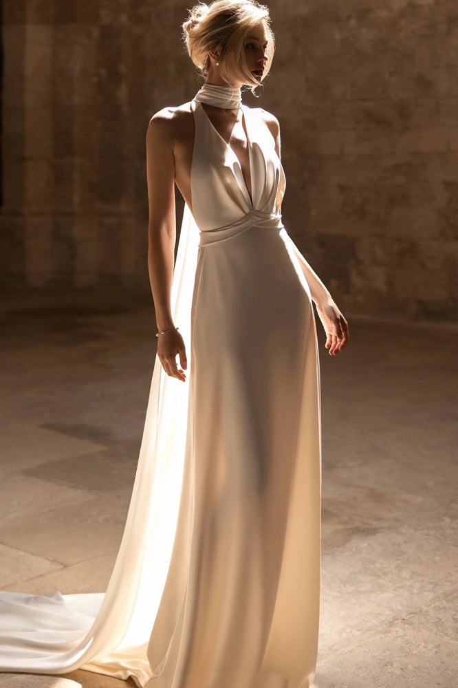 Deep V Halter Minimalist Train Reception Dress image 1