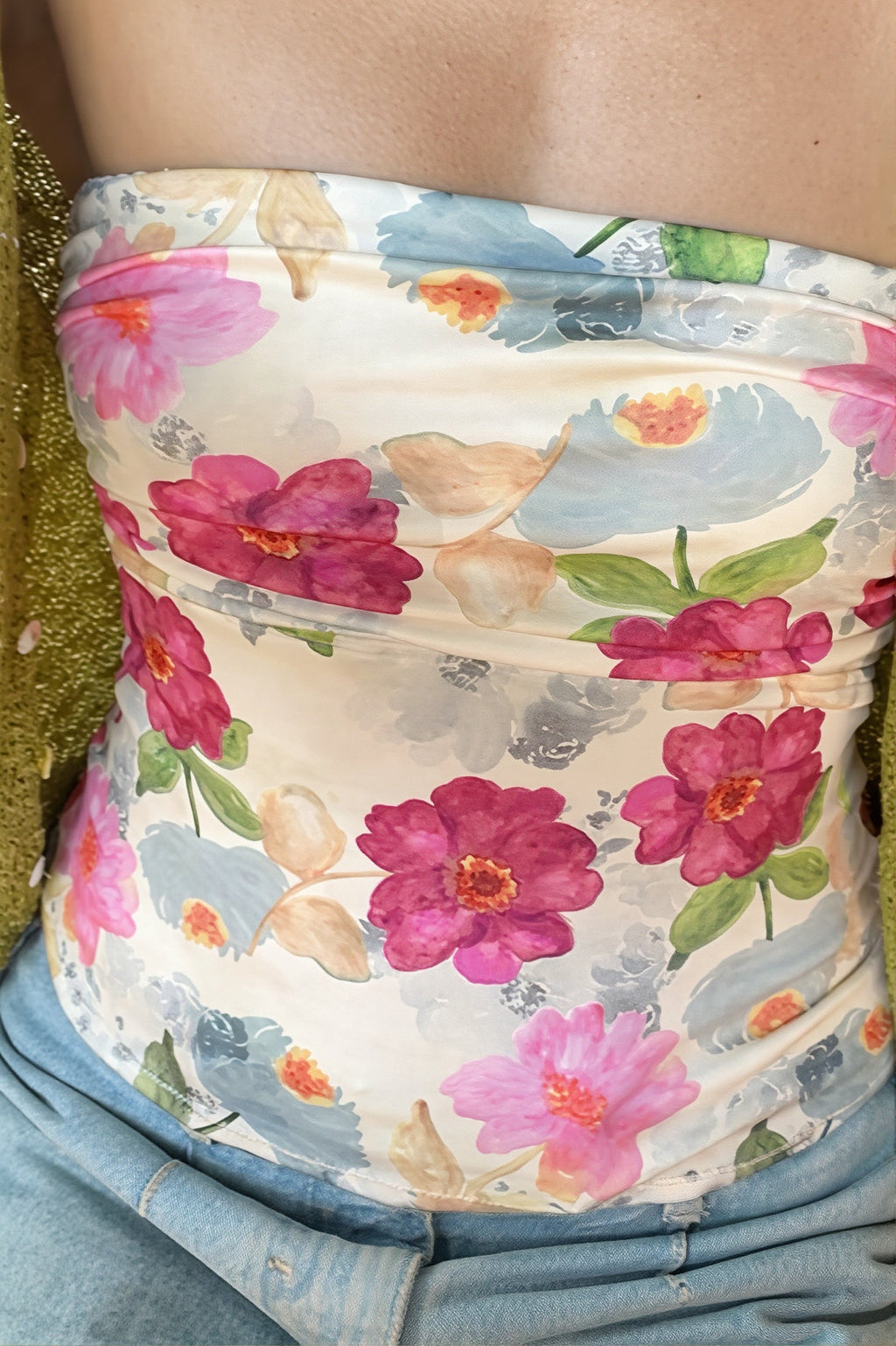 Color Block Floral Slim Strapless Blouse image 4
