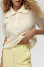 Minimalist Polo Hollow Knit Puff Sleeve Blouse image 1