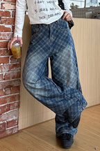 Retro Plaid Print Curved Jeans image 3