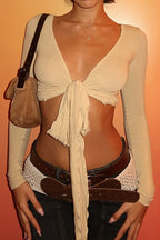Solid V Neck Lace Up Long Sleeve Crop Cardigan Slim Blouse image 1