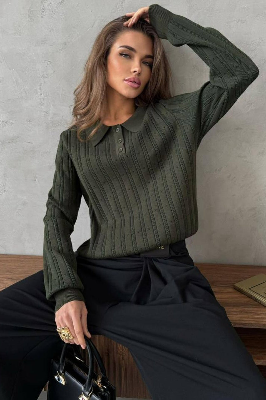 Jacquard Polo Collar Long Sleeve Loose Blouse image 23
