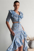 Floral Light Blue Ruffled Split Midi Skirt Two Piece Set image 4