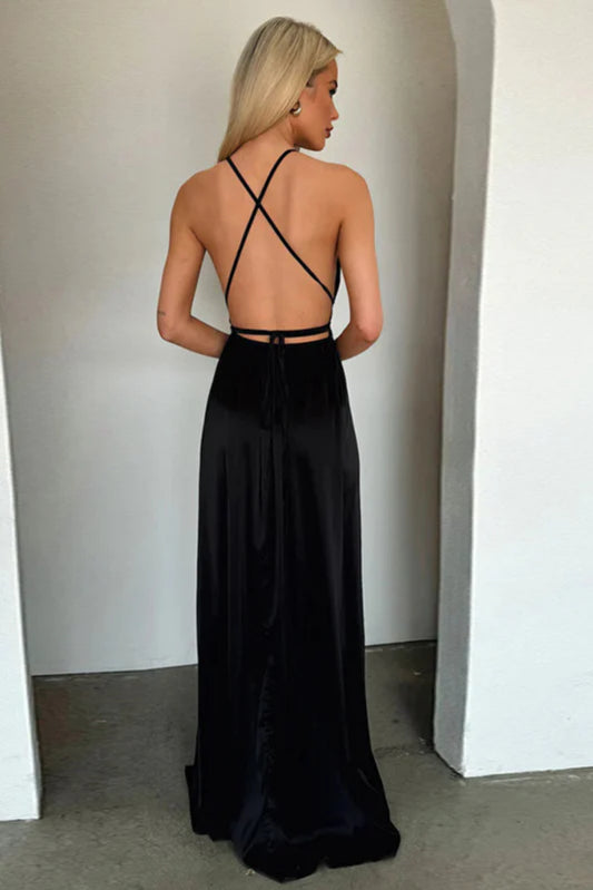 Satin V-Neck Waist-Cinching Split Dress Party Dress image 6