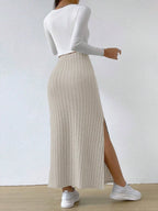 Noemi Ribbed Knit Skirt detail view styled for Avrienne