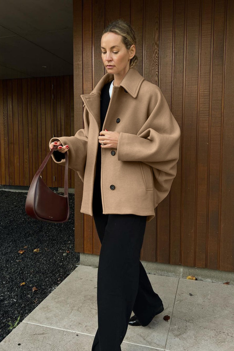 Solid Wool Notch Collar Bell Sleeve Coat image 3