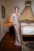 Satin Mermaid Slim Fit Elegant One Shoulder Solid Color Prom Dress image 13