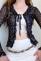 French Vintage Floral Bow Tie Tulle Cardigan Blouse image 2