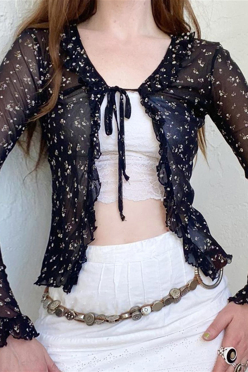 French Vintage Floral Bow Tie Tulle Cardigan Blouse image 2