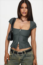 Vintage Square Neck Double Zip Stripe Blouse image 2
