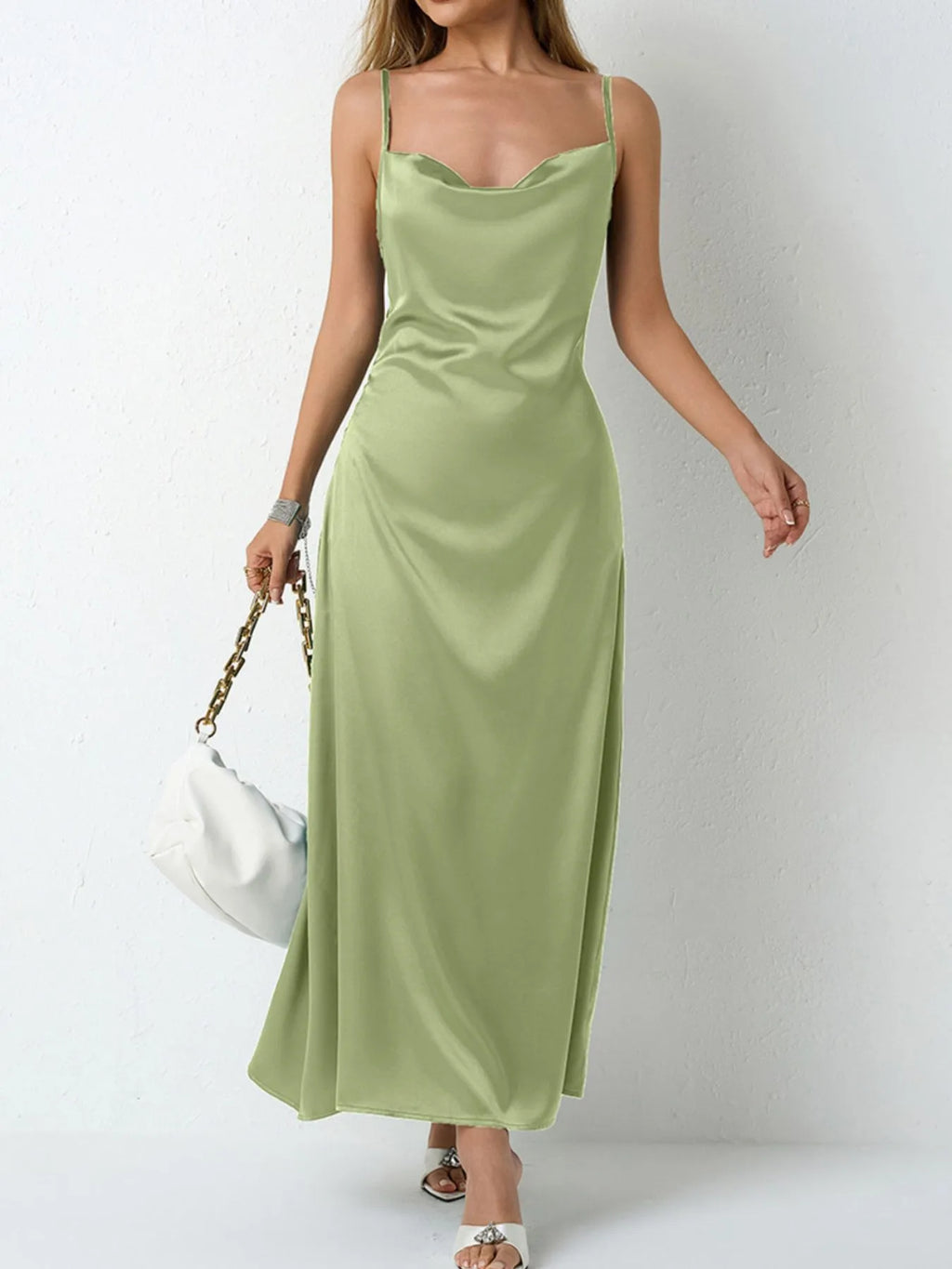 Paloma Satin Dress detail view styled for Avrienne