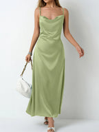 Paloma Satin Dress detail view styled for Avrienne