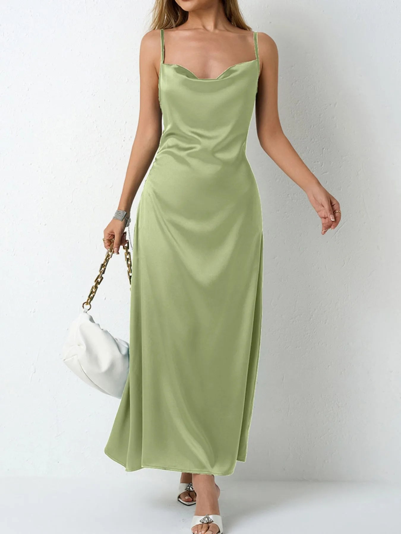 Paloma Satin Dress detail view styled for Avrienne
