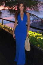 Solid V Neck Halter Backless Formal Dress image 3
