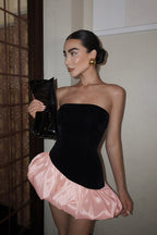 Elegant Velvet Paneled Strapless Puff Mini Dress image 2