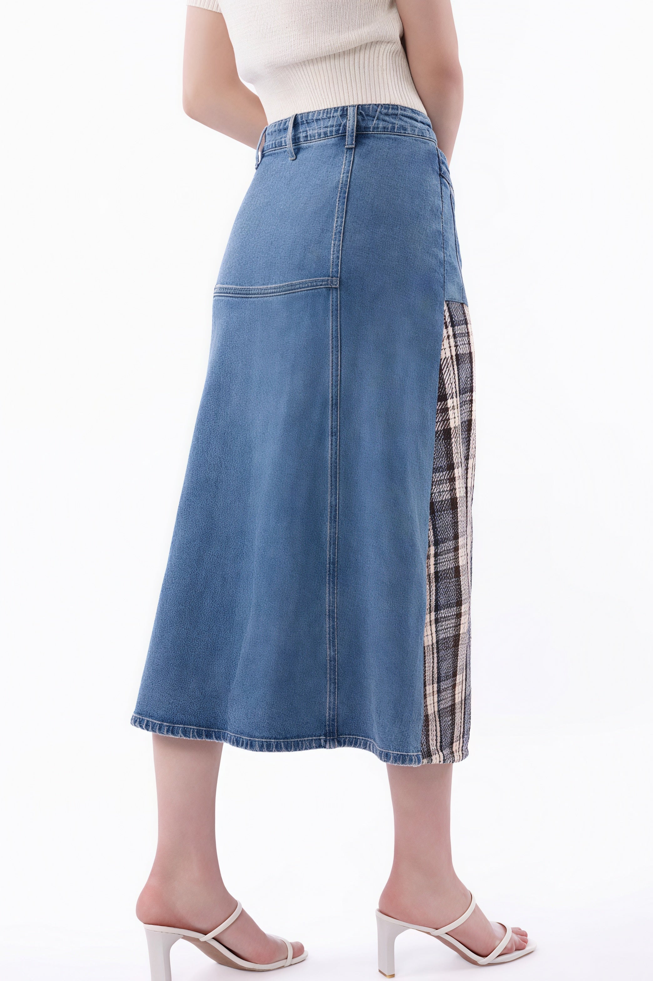 High Waist Denim Plaid Splice Skirt image 3