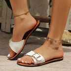 Livia Buckle Sandals detail view styled for Avrienne