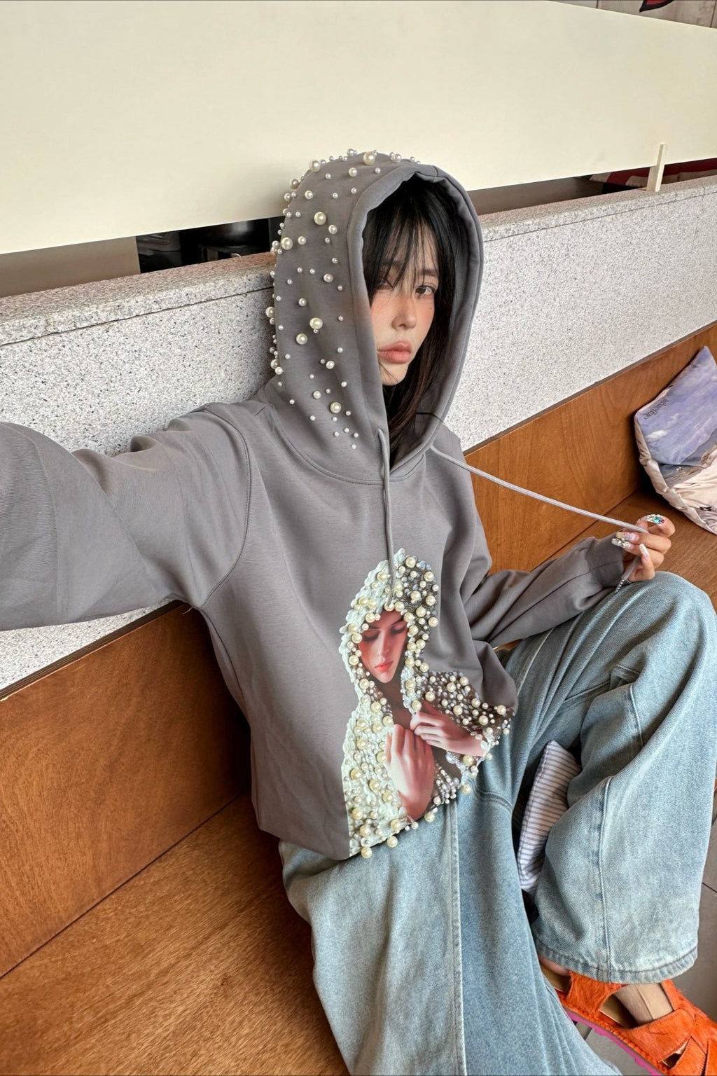 Beaded Graphic Print Edgy Streetwear Hooded Oversized Hoodie image 1