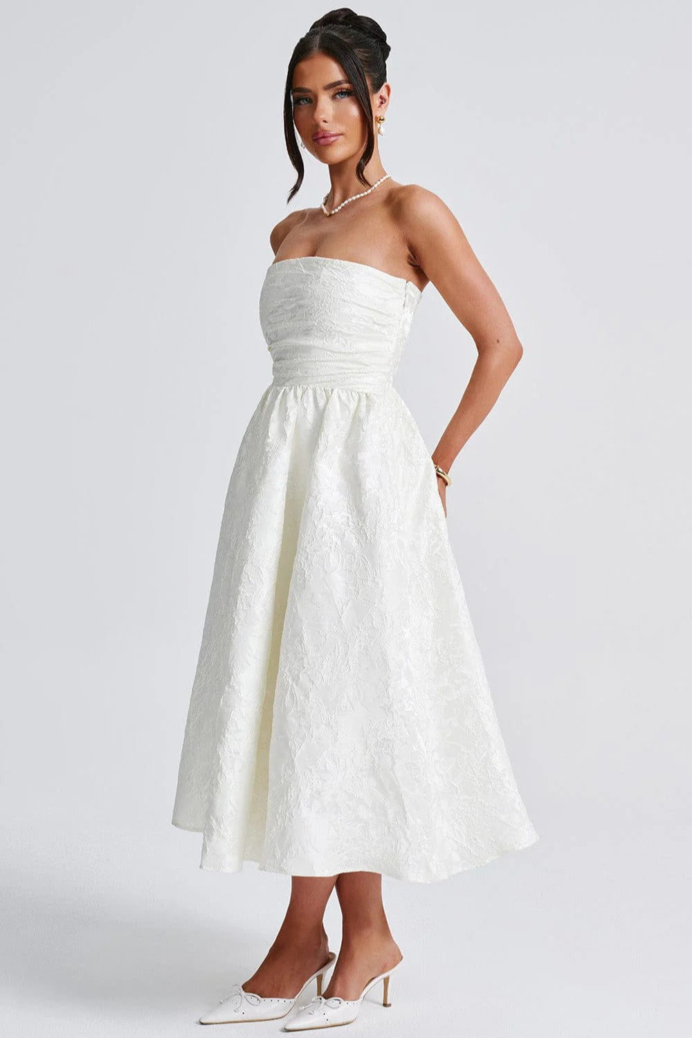 Solid Jacquard Strapless A-Line Party Dress image 7