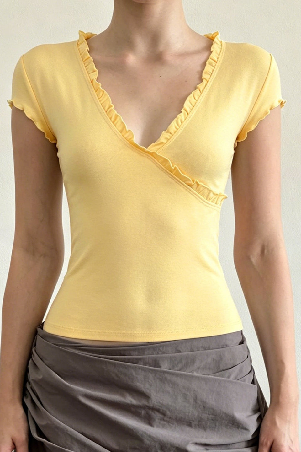 Solid Ruffle Splice V Neck Blouse image 3