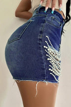 Beaded Chain Ripped High Waist Denim Shorts image 9