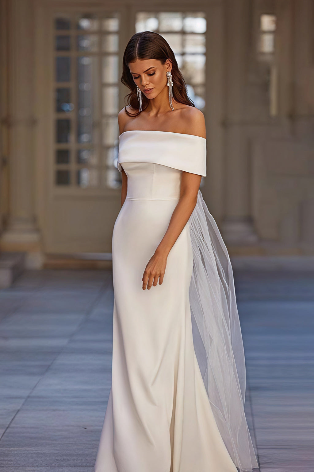 Simple Off Shoulder Mesh Sash Wedding Dress image 2