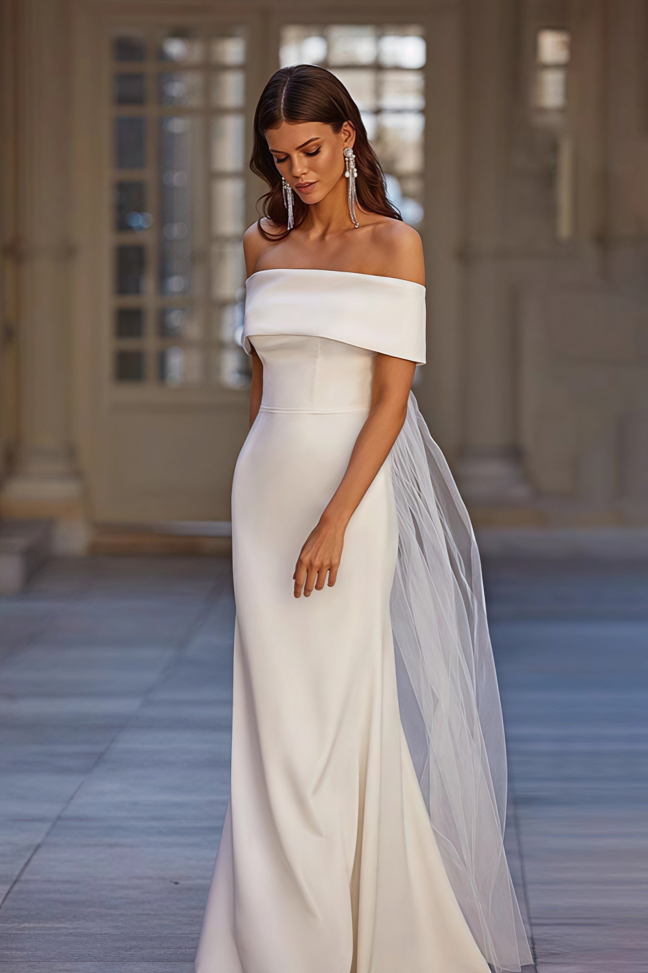 Simple Off Shoulder Mesh Sash Wedding Dress image 2