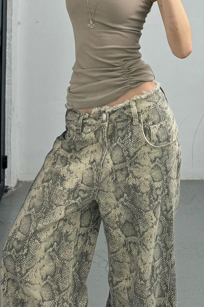 Snake Print Wide Leg Low Waist Frayed Jeans image 4