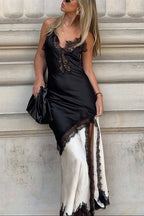 Lace Ruffled Patchwork Asymmetrical Spaghetti Strap Slit Maxi Dress image 2
