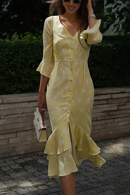 Asymmetric Ruffled Sleeve High Waist Floral Dress image 5
