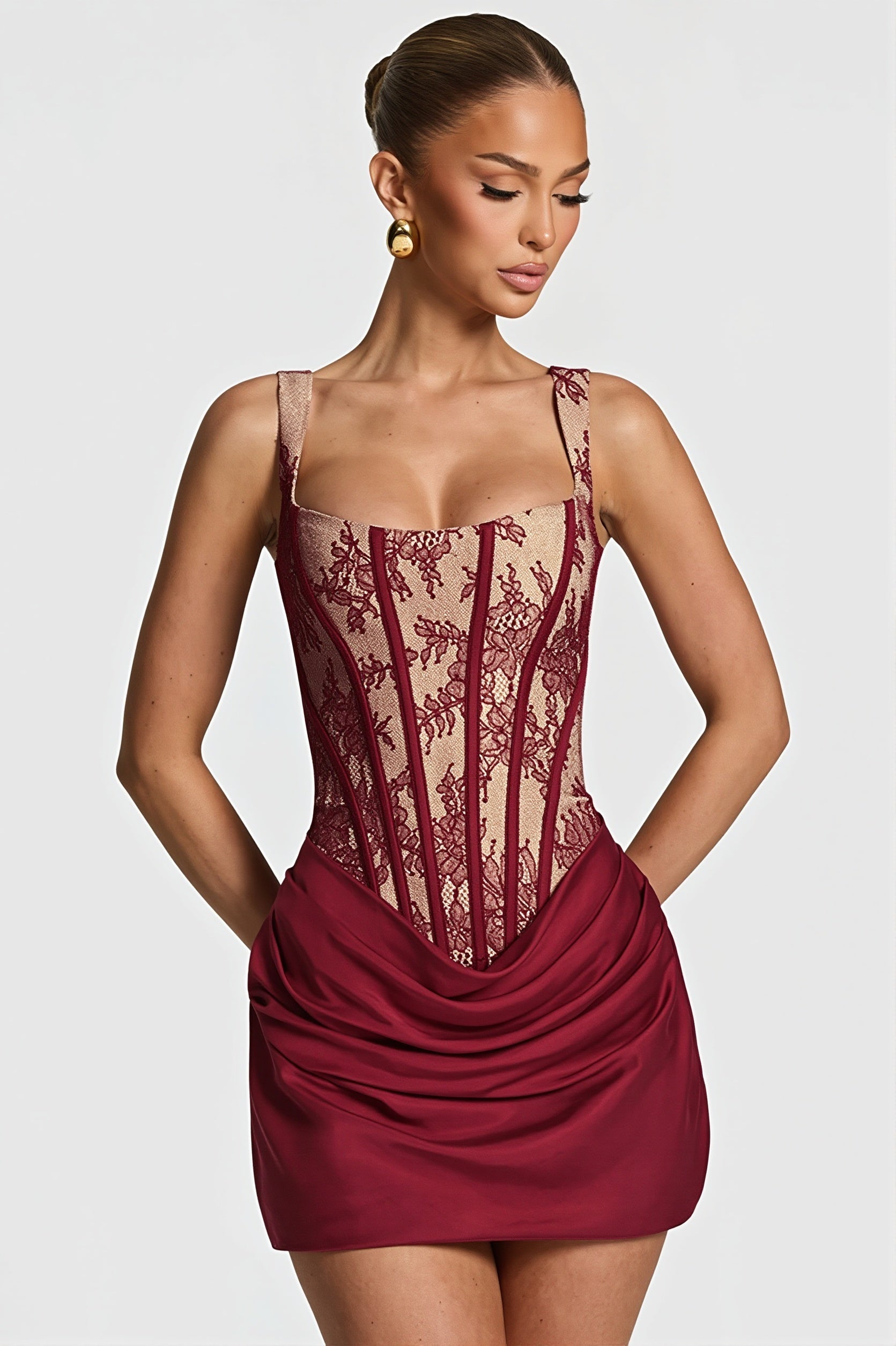 Elegant Lace Fishbone Ruched Mini Dress image 2