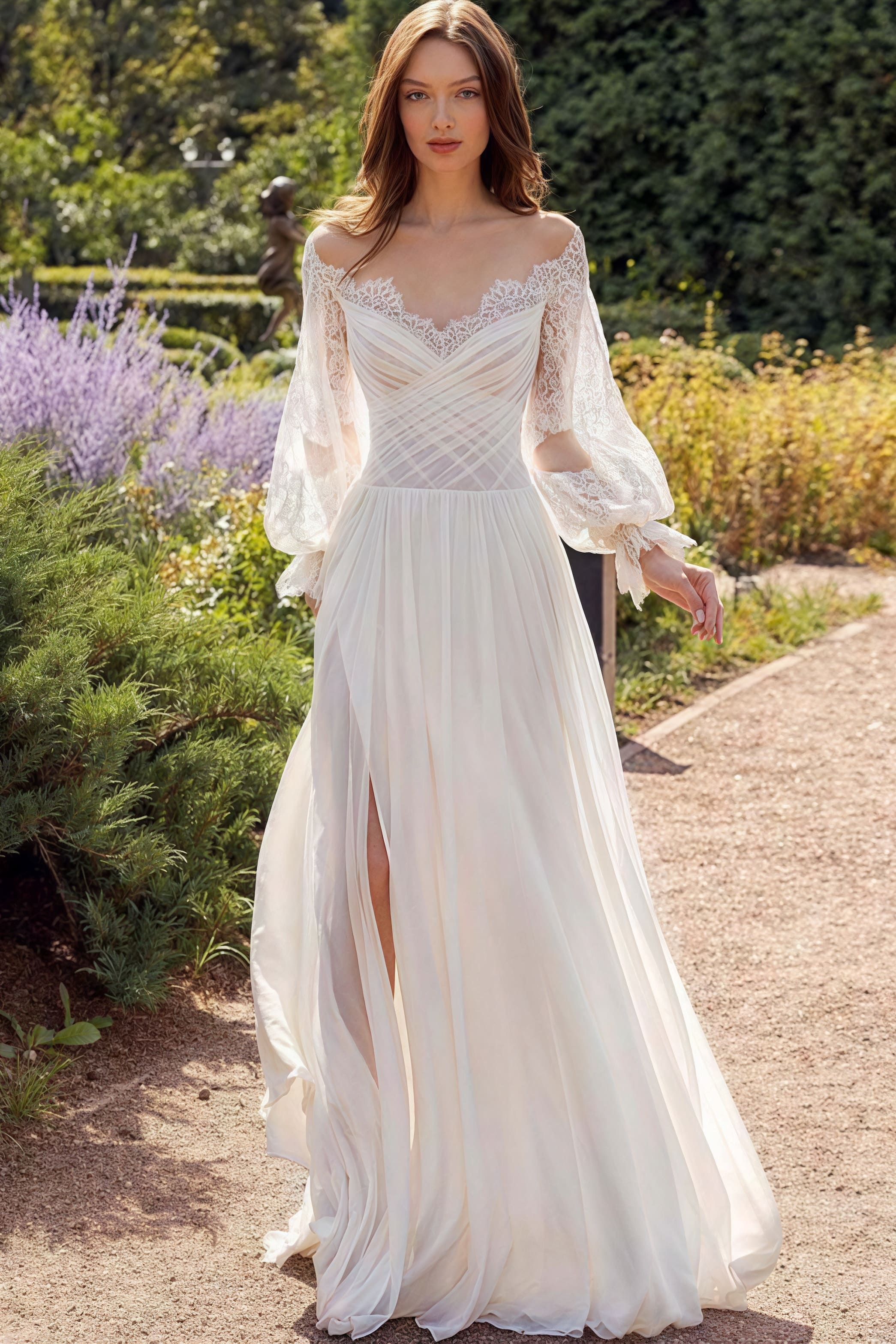 Lace Flowy High Slit Minimalist Reception Dress image 1