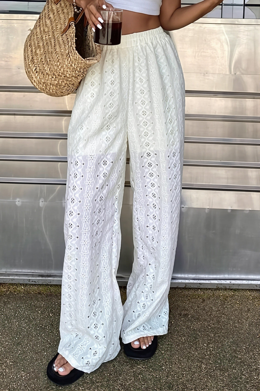 Sexy Solid Sheer Embroidery Drawstring Pants image 1